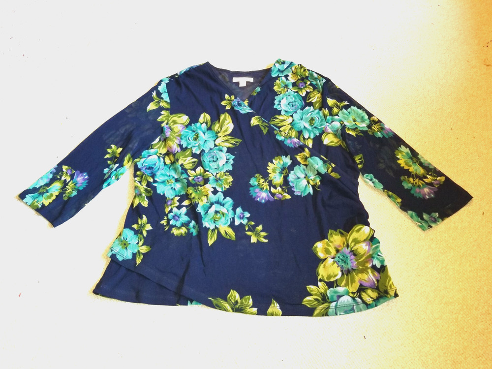 Womens Top-COLDWATER CREEK-navy/green/teal floral mesh lined faux wrap 3/4 sl-2X
